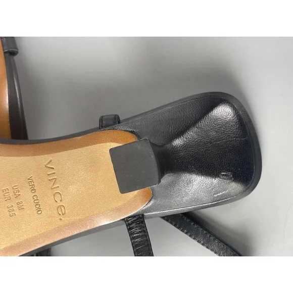 Vince Sandals Womens Size 8 Black Leather Square Toe Slingback Kitten Heel - Picture 4 of 11